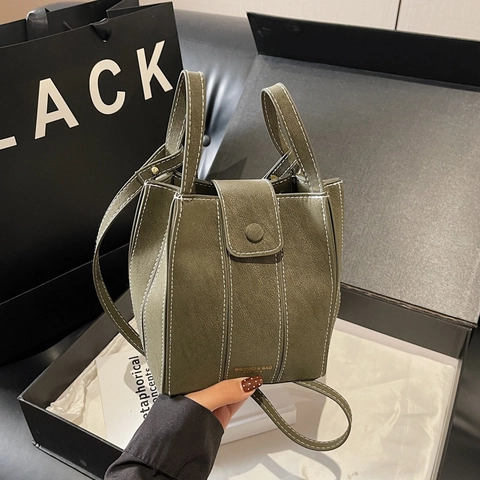 Retro Minimalistische Damen Eimertasche PU Leder Matt Kontrastnähte Magnetverschluss Tägliche Pendler Umhängetasche Handtasche
