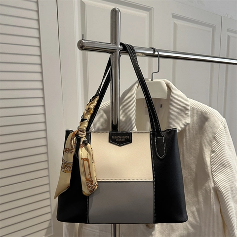 Women's Patchwork Contrast Color Tote Bag Large Capacity PU Leather Shoulder Bag With Decorative Satin Scarf Handbag