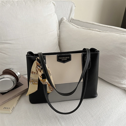 Bolso de Hombro para Mujer Minimalista Urbano Vintage Bloques de Color Bolso Tote de Cuero PU de Gran Capacidad Con Pañuelo de Seda para Uso Diario