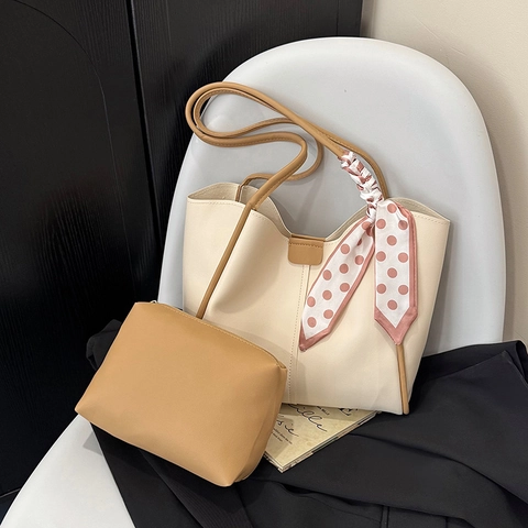Women Large Capacity PU Leather Tote Bag Set With Polka Dot Satin Scarf Minimalist Shoulder Bag Pouch Commuter Handbag