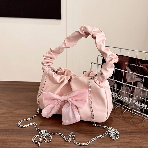 Damen Koreanischer Stil Süß Plissiert Wolke Handtasche Große Tüll Schleife PU Leder Schulter Umhängetasche Mit Silberkette