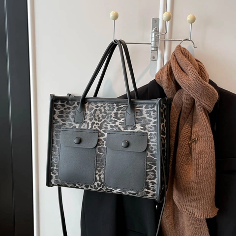 Borsa Tote da Donna con Stampa Leopardata di Moda Borsa a Tracolla in Pelle PU Retrò Borsa a Mano con Doppie Tasche Anteriori