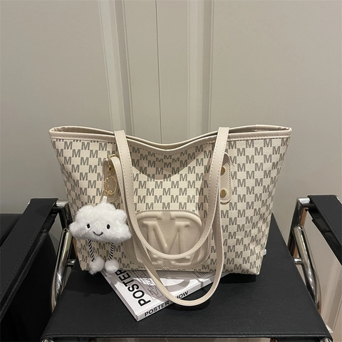Women's Large Capacity Tote Bag M Monogram Print PU Leather Shoulder Bag Urban Fashion Handbag With Optional Cloud Charm