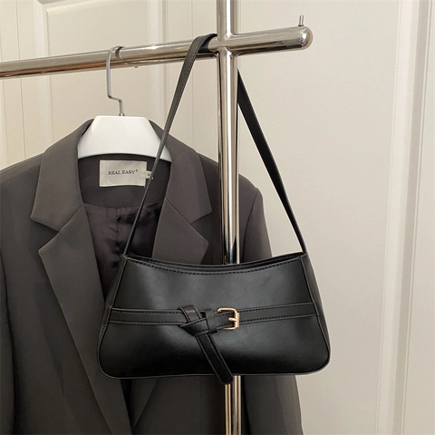 Vintage PU Leather Baguette Bag Solid Color Underarm Shoulder Bag With Gold Buckle Retro Minimalist Handbag For Women