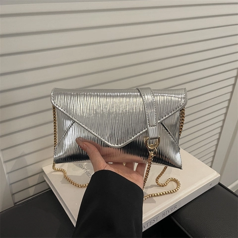 Borsa a Tracolla a Busta Plicsettata Metallica per Donna Vintage Catena d'Oro Borsa a Spalla Pochette da Sera Matrimonio