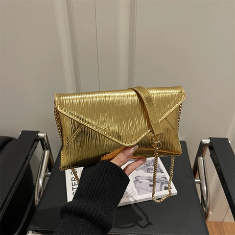 Metallisch Textur Umschlag Tasche Damen Kette Schulter Umhängetasche Elegant Gefaltete Party Abendtasche Mode Clutch