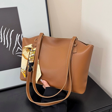 Borsa Tote da Donna in Pelle PU di Grande Capacità Con Sciarpa di Seta Cuciture a Contrasto Borsa a Spalla Minimalista Per Ufficio
