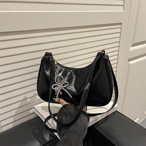 Women Glossy PU Leather Hobo Shoulder Bag With Bow Artificial Pearl Pendant Vintage Crescent Underarm Bag For Office Lady
