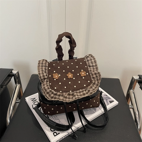 Zaino Mini da Donna a Pois Dolce Fiori 3D Volant Patchwork Piccolo Zainetto Retrò in Pelle PU Tessuto Borsa a Spalla