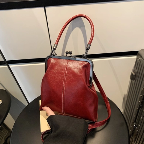 Vintage PU Leer Kiss-Lock Handtas Retro Metalen Frame Crossbody Tas Voor Vrouwen Met Handvat Contraststiksel Woon-Werkverkeer