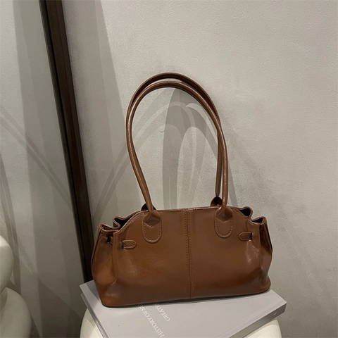 Bolso de Hombro para Mujer de Cuero PU Brillante Gran Capacidad Color Sólido Bolso de Axila Minimalista Moda Tote Bag
