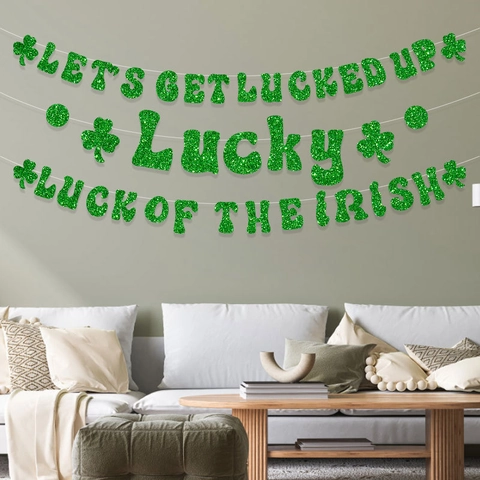 St Patricks Day Banner Green Glitter Shamrock Clover Garland Bunting For Irish Party Decorations Home Wall Hanging Ornament