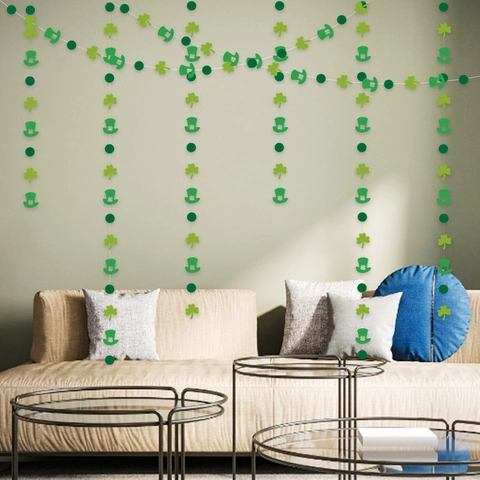 Green Shamrock Clover Leprechaun Hat Paper Garland Decoration For St Patrick's Day Party Backdrop Irish Festival Home Wall