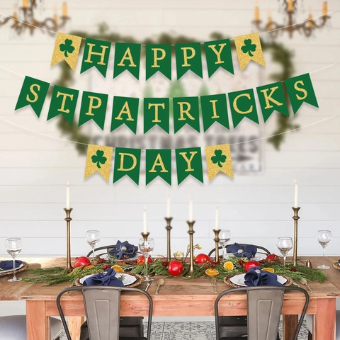 Pancarta Verde Oro Purpurina San Patricio Lucky Trébol Cola Golondrina para Cumpleaños Fiesta Decoración Hogar Guirnalda Papel