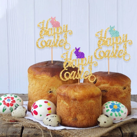 Glitter Happy Easter Cake Topper With Rabbit Bunny Colorful Glitter Paper Cake Decoration For Birthday Party Festive Event Supplies