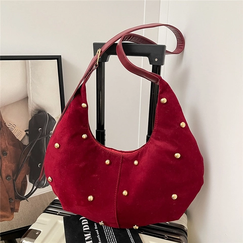 Women Vintage Faux Suede Studded Hobo Bag Crescent Shoulder Crossbody Bag With Gold Rivets Retro Versatile Commuter Fashion Handbag