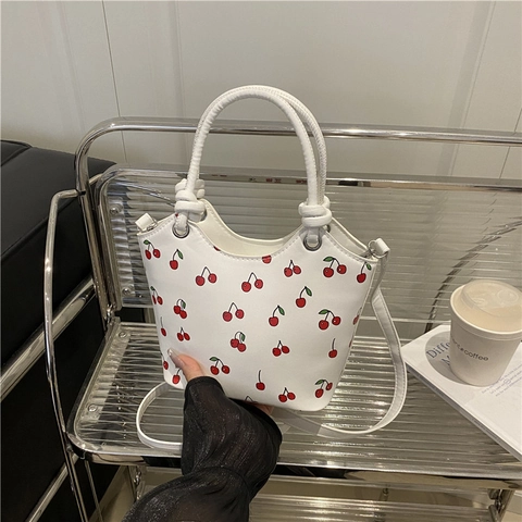 Sweet Cherry Print PU Leather Shoulder Bag For Women Fashion Tote Handbag With Adjustable Strap Daily Crossbody Bucket Bag