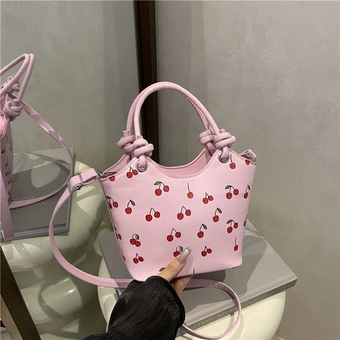 Modische Kirschdruck Damen PU Leder Handtasche Süßer Knoten Griff Eimer Umhängetasche Große Kapazität Pendeln Tragetasche