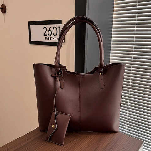 Women Minimalist PU Leather Tote Bag Large Capacity Solid Color Urban Vintage Shoulder Bag With Mini Pouch Handbag