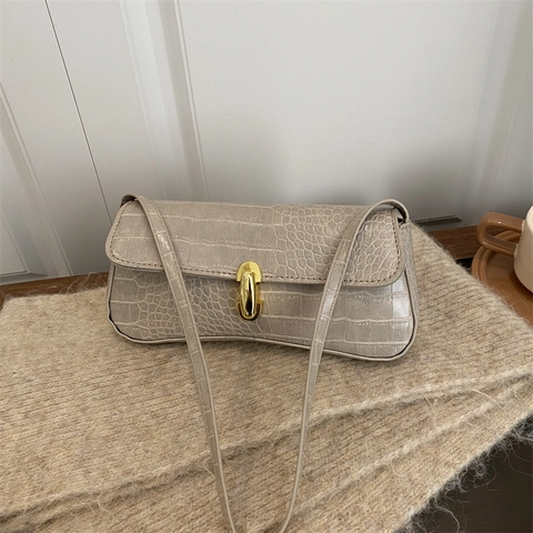 Borsa da Sottobraccio da Donna Retro con Motivo a Coccodrillo Borsa Baguette in Ecopelle Vintage con Chiusura Oro a Tracolla