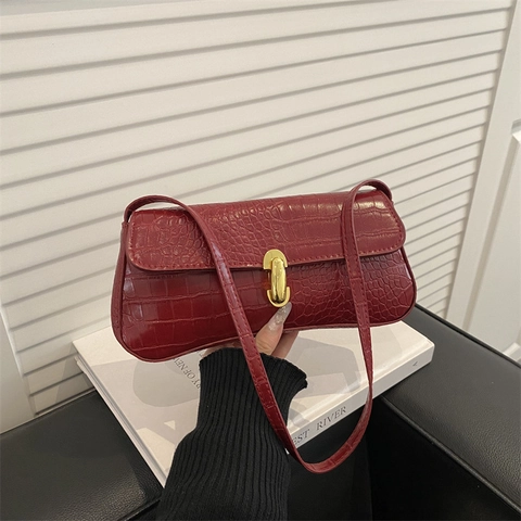Bolso de Axila para Mujer de Cuero PU con Patrón de Cocodrilo Moda Bolso de Hombro Baguette Francés con Hebilla de Metal Retro