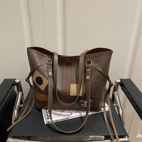Vintage Maillard Style Τσάντα Tote Μεγάλης Χωρητικότητας Για Γυναίκες Δέρμα PU Patchwork Τυπωμένη Τσάντα Ώμου Μόδα Καθημερινή Μετακίνηση
