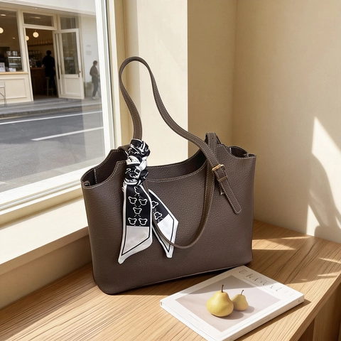 Borsa Tote da Donna in Pelle PU con Motivo Litchi Con Sciarpa Decorativa Grande Capacità Borsa a Tracolla Minimalista