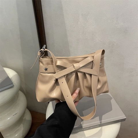 Borsa da Sottobraccio Plissettata con Fiocco in Pelle PU Rivetto a Stella Moda Borsa a Tracolla Grande Capacità Baguette Retro
