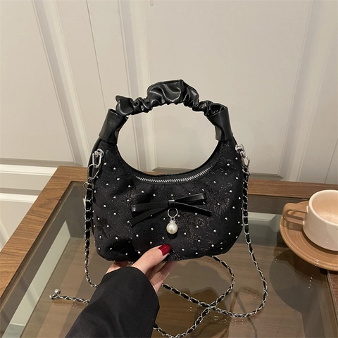 Bolso De Hombro Hobo Elegante Cuero PU Encaje Lazo Decoración Perla Artificial Asa Plisada Cadena Metálica Chic Mujeres