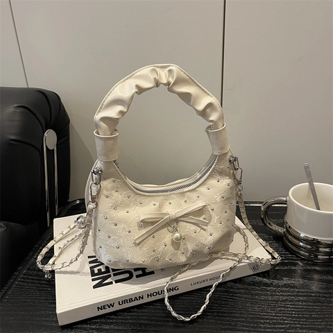 Bolso De Hombro Hobo Elegante Cuero PU Encaje Lazo Decoración Perla Artificial Asa Plisada Cadena Metálica Chic Mujeres