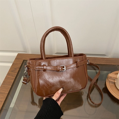 Women Retro PU Leather Handbag Small Square Crossbody Shoulder Bag With Belt Buckle Vintage Multi-Way Carrying