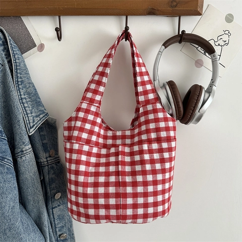 Borsa a Tracolla in Tessuto a Quadretti Vintage per Donna Borsa Tote a Grande Capacità per Shopping Con Tasche Frontali
