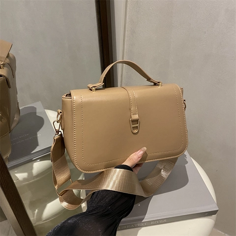 Koreanische Mode Einfache PU Leder Crossbody Quadratische Tasche Für Damen Mit Breitem Schultergurt Retro Pendler Kleine Umhängetasche