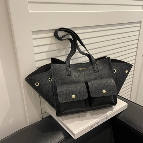 Borsa Tote da Donna in Pelle PU con Trama Litchi Borsa a Spalla a Forma di Ala Con Doppie Tasche Frontali