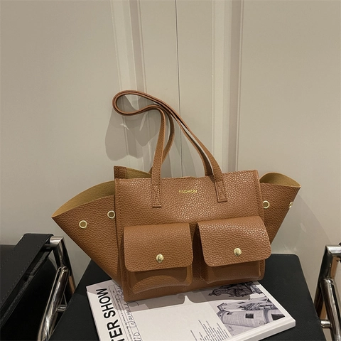 Women Large Capacity PU Leather Tote Bag Multi-Pocket Commuter Shoulder Bag Solid Color Lychee Texture Tote Handbag
