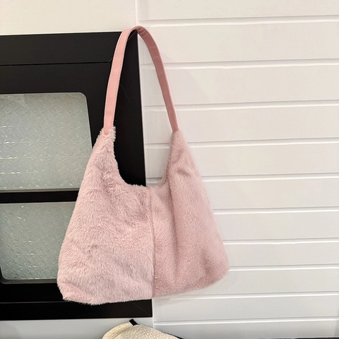 Grote Capaciteit Pluche Tote Bag Voor Vrouwen Vintage Minimalistische Nepbont Schoudertas Zachte Woon-werkverkeer Hobo Bag Winter Chic