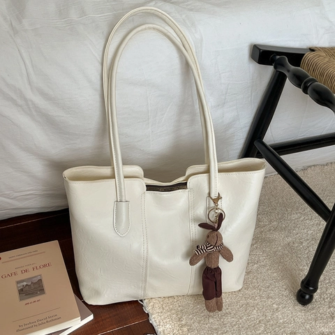 Borsa Tote da Donna in Pelle PU Grande Capacità Minimalista Urbana per Pendolari Borsa a Tracolla Con Pendaglio Coniglio Peluche