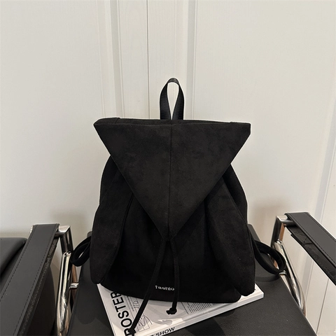 Fashion Women Rabbit Ear Faux Suede Backpack Niche Versatile Drawstring School Bag Lightweight Travel Casual Daypack