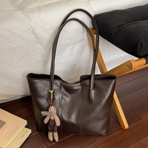 Borsa Tote da Donna in Pelle PU Grande Capacità Minimalista Urbana per Pendolari Borsa a Tracolla Con Pendaglio Coniglio Peluche