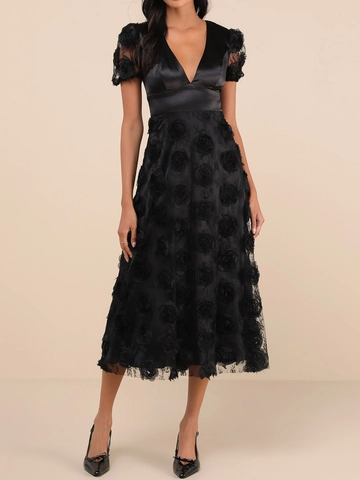 Elegantes Damen V-Ausschnitt Satin Mesh Patchwork Midi Kleid 3D Rose Applikation Rückenfrei Banquet Party