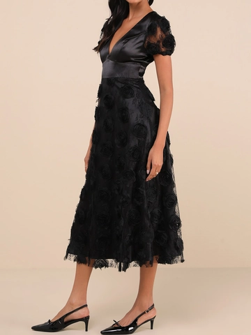 Elegantes Damen V-Ausschnitt Satin Mesh Patchwork Midi Kleid 3D Rose Applikation Rückenfrei Banquet Party