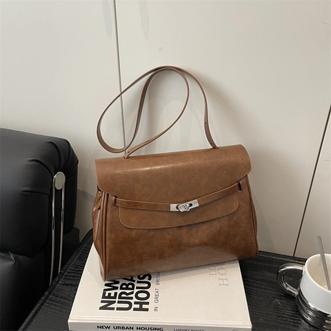 Damen Retro PU Leder Umhängetasche Klassisch Metall Drehverschluss Große Kapazität Pendler Tote Crossbody Tasche Für Alltag Büro