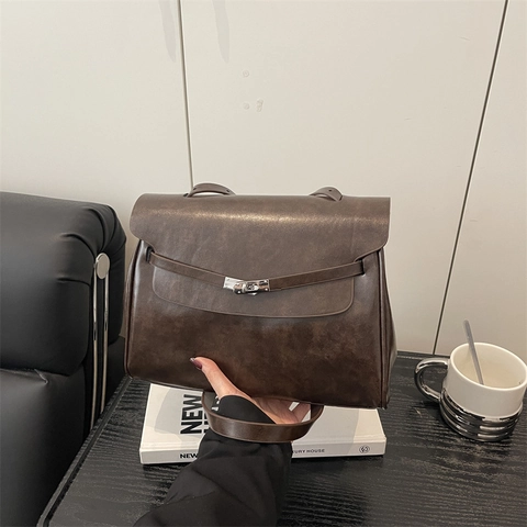 Bolso Tote Grande de Cuero PU Vintage para Mujer Diseño de Cierre Clásico Color Sólido Bolso de Hombro Bolso de Mano Elegante