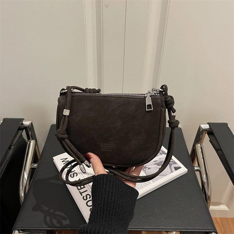 Borsa a Tracolla a Mezzaluna in Pelle PU Opaca Retro da Donna Con Tracolla a Nodi Chiusura a Cerniera Piccola Borsa Quadrata Minimalista