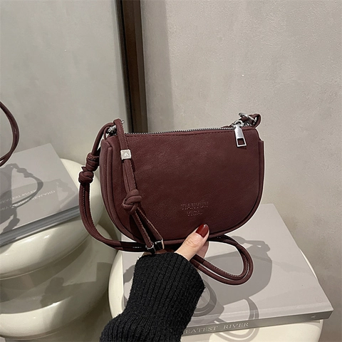 Women Minimalist Half Moon Crossbody Bag Solid Color Synthetic Leather Saddle Shoulder Bag With Knot Strap Detail Zipper