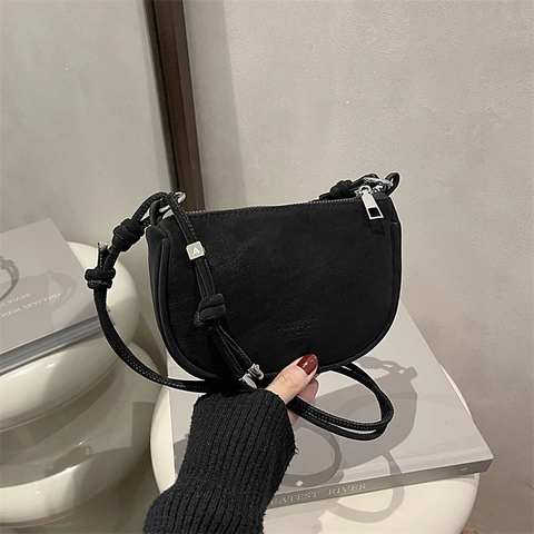 Women Minimalist Half Moon Crossbody Bag Solid Color Synthetic Leather Saddle Shoulder Bag With Knot Strap Detail Zipper