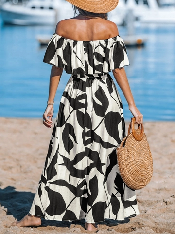 Women's Off Shoulder Ruffle Maxi Dress Leaf Print High Slit Bohemian Beach Summer Vacation Polyester Long Dress