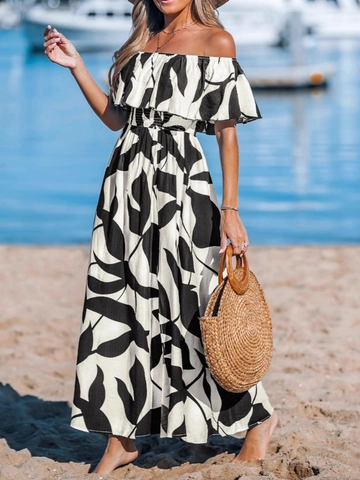 Women's Off Shoulder Ruffle Maxi Dress Leaf Print High Slit Bohemian Beach Summer Vacation Polyester Long Dress