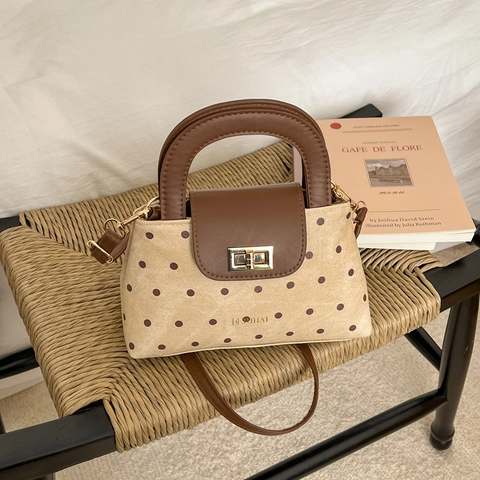 Vintage Polka Dot PU Leather Shoulder Bag For Women Retro Mini Square Handbag With Twist Lock Handle Crossbody Bag Khaki Brown