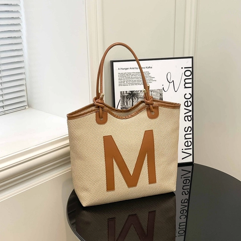 Damen Tragetasche mit Großer Kapazität Gewebte Textur Minimalistisches Kunstleder Patchwork Buchstabe M Schultertasche für Schule